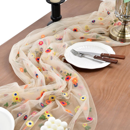 10ft Champagne Floral Daisy Table Runner, Embroidered Wildflower Tulle Decor