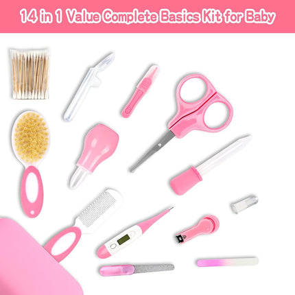 Complete Baby Essentials Kit: Pink 14-PC Grooming Set with Nail Clippers & Hair Brush