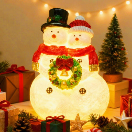 Snowman Couple Figurines with Wreath | Resin Christmas Tabletop Decor