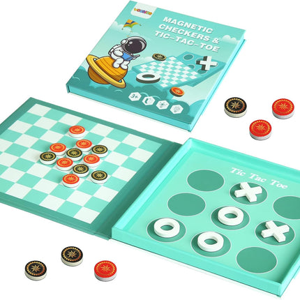 Magnetic Checkers and Tic Tac Toe Foldable Travel Game for Kids Ages 3+