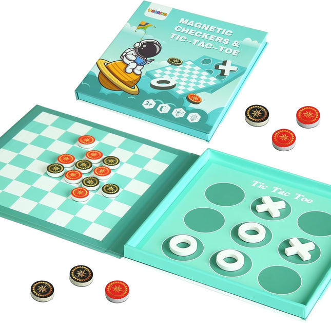 Magnetic Checkers and Tic Tac Toe Foldable Travel Game for Kids Ages 3+