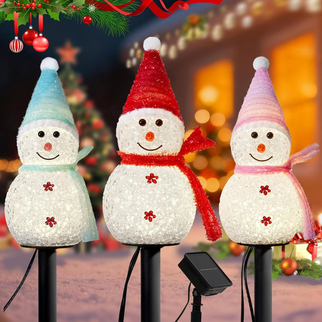 3 PCS Solar-Powered Multicolor Snowman Lights for Yard, Patio, Porch, Lawn
