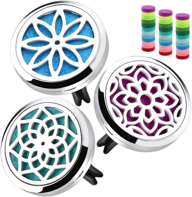 Car Diffuser Vent Clip – 30mm, 3 Lotus Clips, 36 Refill Pads, Metal Aromatherapy