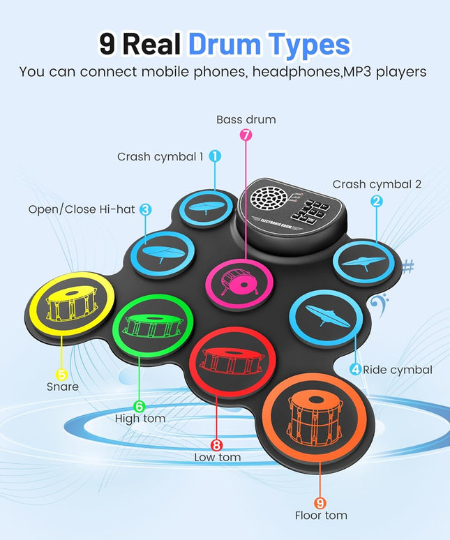 Electronic Drum Set – 9-Pad Roll-up Kit, Headphone Jack, 10H Playtime, Gifts for Kids