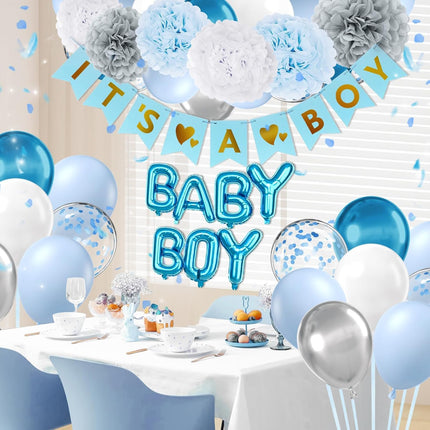 Blue Grey Baby Shower Party Decorations with Silver Balloons Banner Set