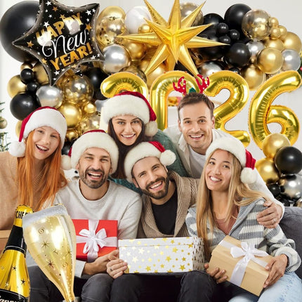 Happy New Year 2026 Balloon Garland Kit – Black & Gold Party Decorations