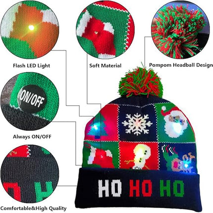 2-Pack LED Christmas Sweater Hats – Flashing Knitted Beanie with Snowman