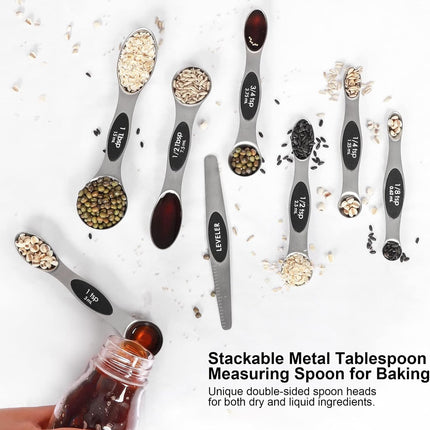 Magnetic Measuring Spoons Set Stainless Steel with Leveler Stackable Kitchen