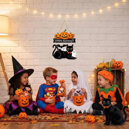 Halloween Ghost Wood Door Sign, Spooky Wreath with Black Cat & Pumpkin Decor