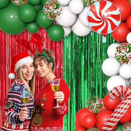 153pcs Christmas Balloon Garland Kit – Red Green White Balloons & Foil Curtain