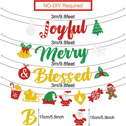Glittery Merry & Blessed Christmas Banner – Snowman Santa Snowflake Party Decor
