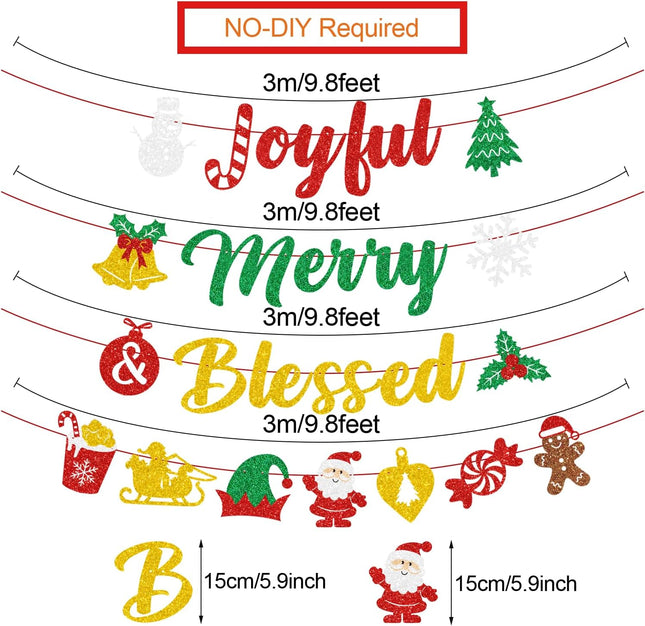 Glittery Merry & Blessed Christmas Banner – Snowman Santa Snowflake Party Decor