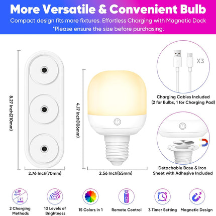 3 Pack Rechargeable LED Light Bulbs with Magnetic Charging Station Remote Control RGB