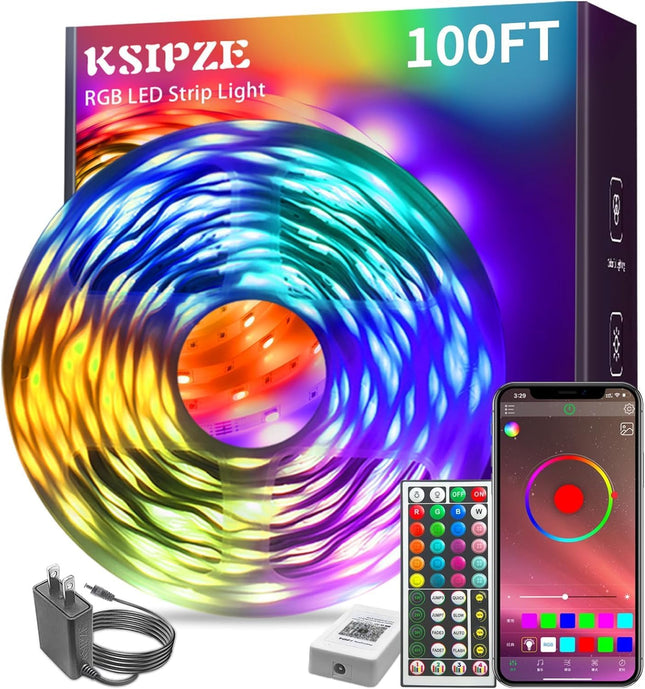 100ft RGB LED Strip Lights – Music Sync, App & Remote Control, Color Changing
