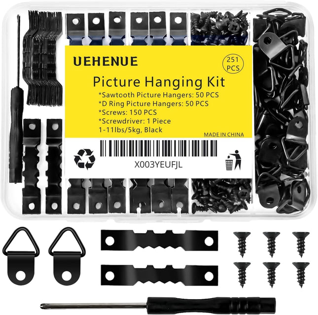 251PCS Picture Hanging Kit – Sawtooth Hangers, D-Rings, Screws & Screwdriver for Frames