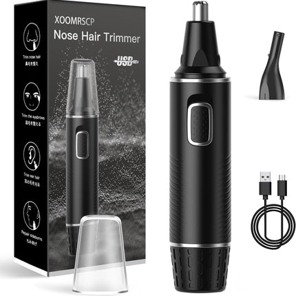 2-in-1 Rechargeable Nose & Ear Hair Trimmer, IPX7 Waterproof, Dual-Edge Blades, Black Silver