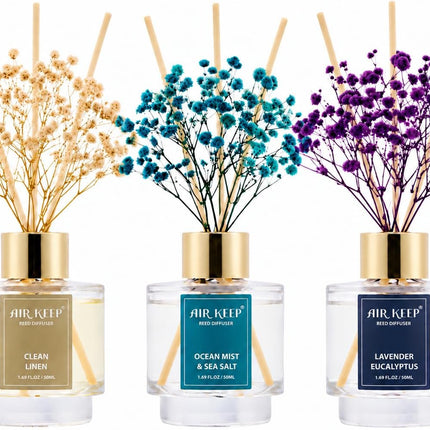 3-Pack Reed Diffuser Set 50ml Each Clean Linen Ocean Mist Lavender Eucalyptus Scents