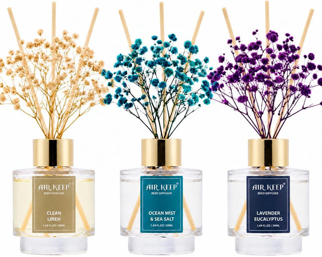 3-Pack Reed Diffuser Set 50ml Each Clean Linen Ocean Mist Lavender Eucalyptus Scents
