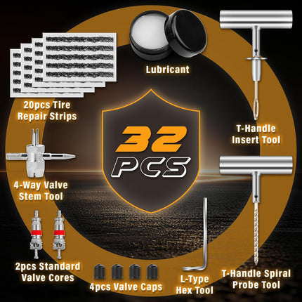 32PCS Flat Tire Repair Kit, Heavy-Duty Tubeless Puncture Repair Tools for Car ATV
