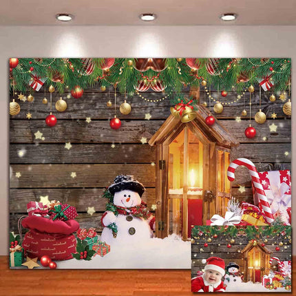 Christmas Photo Studio Backdrop – Snow Wood Floor with Snowman & Santa 5x3FT