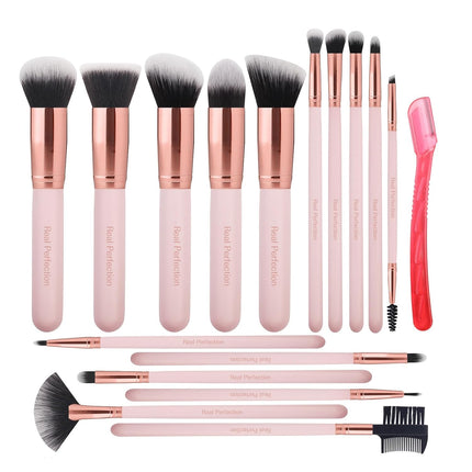 16Pcs Makeup Brush Set with Eyebrow Razor Synthetic Foundation Eyeshadow Blush Pink