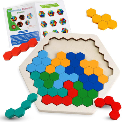 Wooden Hexagon Puzzle – STEM Tangram Brain Teaser for Kids & Adults