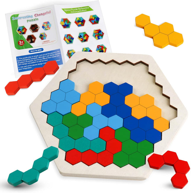 Wooden Hexagon Puzzle – STEM Tangram Brain Teaser for Kids & Adults
