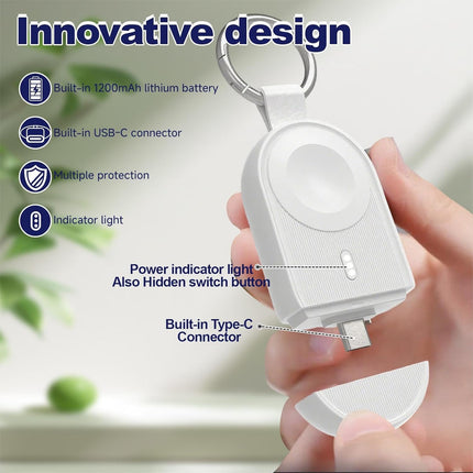 Portable Wireless Apple Watch Charger, Built-in USB-C, 1200mAh Power Bank