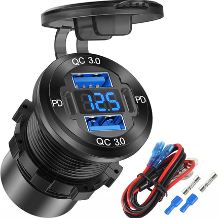 Upgraded 4-Port 12V USB Charger – Dual PD & QC, Voltmeter for Car, Boat, RV, Motorcycle