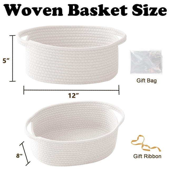 Small White Woven Rope Basket with Handles, Bag & Ribbons for Gifts