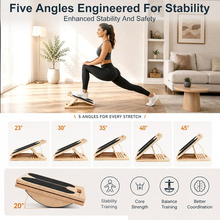 2-in-1 Wooden Slant Board & Balance Board, 5-Level Adjustable Calf Stretch Trainer
