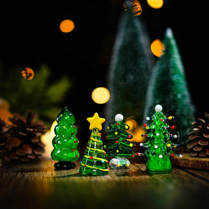 4-Piece Blown Glass Christmas Tree Figurine Set – Collectible Art Glass Statues for the Holidays