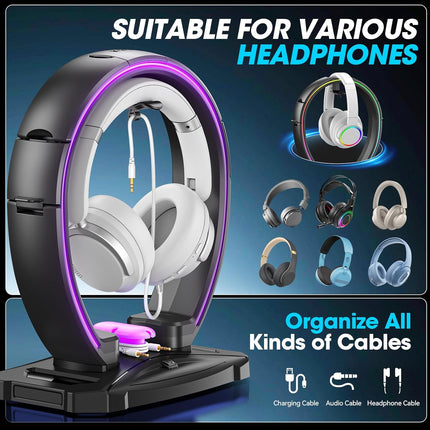 RGB Headphone and Controller Stand Foldable with 9 Light Modes Desk Holder