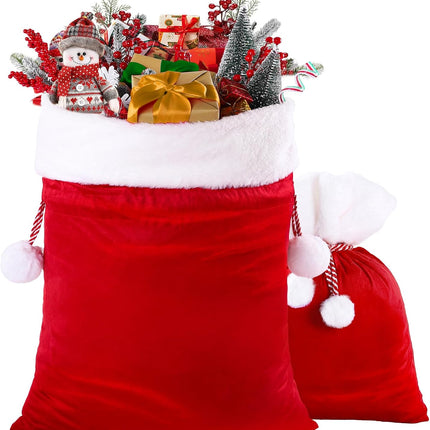 2PCS Christmas Velvet Santa Bags – Large Red Gift Bags with Drawstring for Holiday Gifts