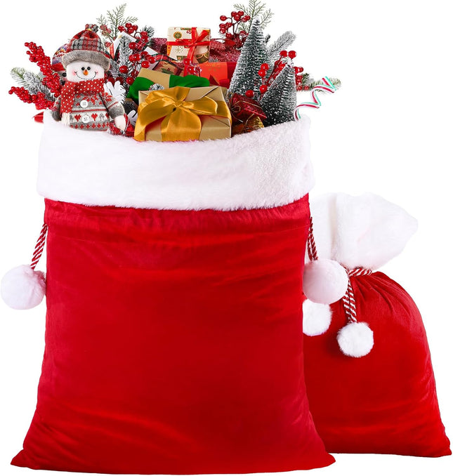 2PCS Christmas Velvet Santa Bags – Large Red Gift Bags with Drawstring for Holiday Gifts