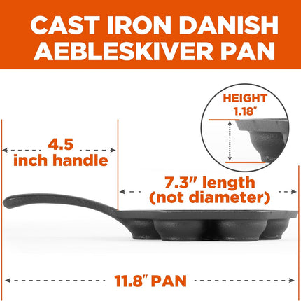 CHEF Danish Aebleskiver Pan Pre-Seasoned Cast Iron 7-Section Mini Pancake Pan