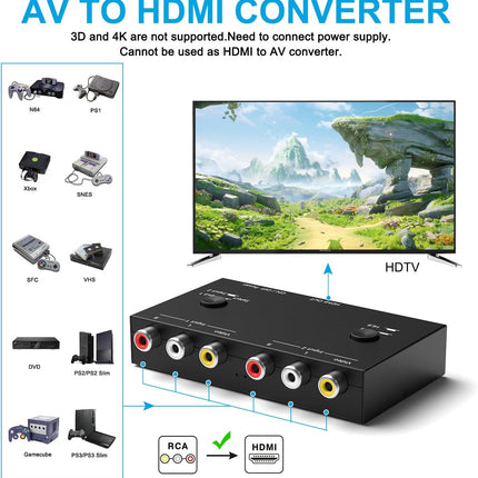 2-Port AV to HDMI Converter – Supports 16:9/4:3 for Consoles & VCR/DVD