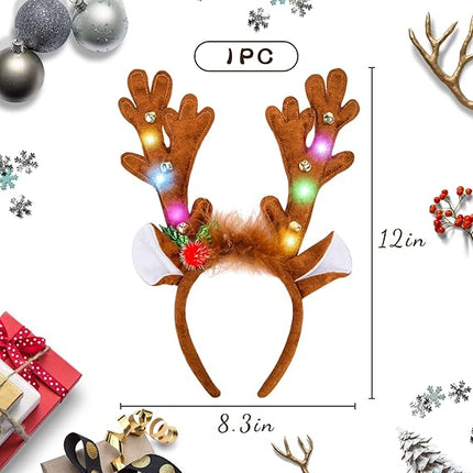 LED Reindeer Antlers Headband with Bells – Light Up Christmas Hairband