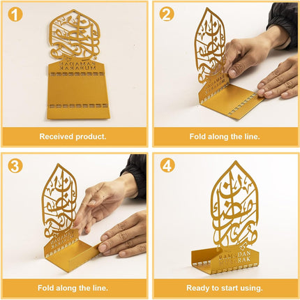 3 Pcs Gold Metal Ramadan Decor: Eid Mubarak Sign, Lantern & Crescent Candle Holders