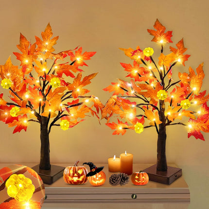 2-Pack 18in Pre-Lit Fall Maple Trees, 48 LED Pumpkin Lights, Timer, Table Decor