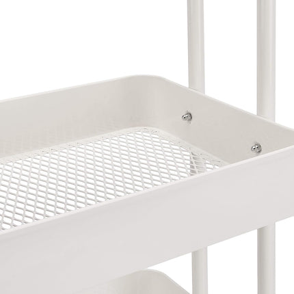 3-Tier White Rolling Metal Utility Cart with Lockable Wheels, Mesh Shelves and Storage Bins