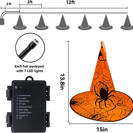 6-Piece Lighted Halloween Witch Hats, 14FT String Lights, 8 Modes & Timer