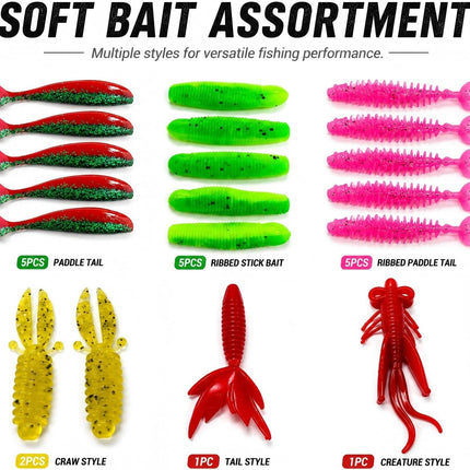 Fishing Lures Kit, Bass Fishing Tackle Set with Soft Baits, Hooks & Weights