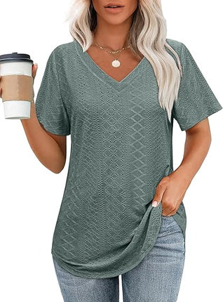Women’s V Neck Short Sleeve T Shirts Loose Fit Casual Curved Hem Basic Tee