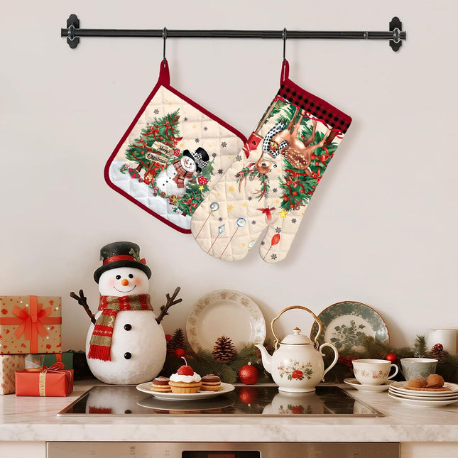 2Pcs Christmas Oven Mitts and Pot Holders, Heat Resistant Cotton with Deer & Snowman Design
