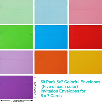 50 Pack Colored Envelopes, 5x7" A7 Invitation Envelopes for Weddings & Cards
