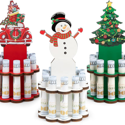 3 Pcs Christmas Money Holders – Wooden Ornament Holders with 10 Holes for Cake & Gifts