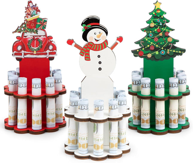 3 Pcs Christmas Money Holders – Wooden Ornament Holders with 10 Holes for Cake & Gifts