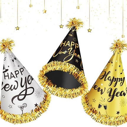 12 Pack NYE Party Hats 2026 – Happy New Year Gold Black Silver Cone Hats