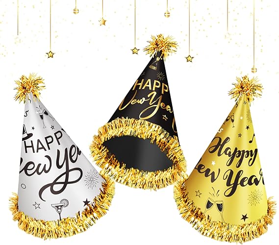 12 Pack NYE Party Hats 2026 – Happy New Year Gold Black Silver Cone Hats